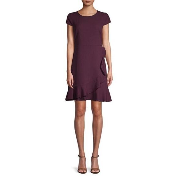 KARL LAGERFELD Paris Cap-Sleeve Ruffle-Hem Dress Size 12 Eggplant - Picture 2 of 7